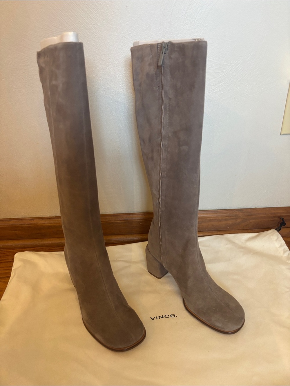 New Vince Taupe Suede Block Heel Boots